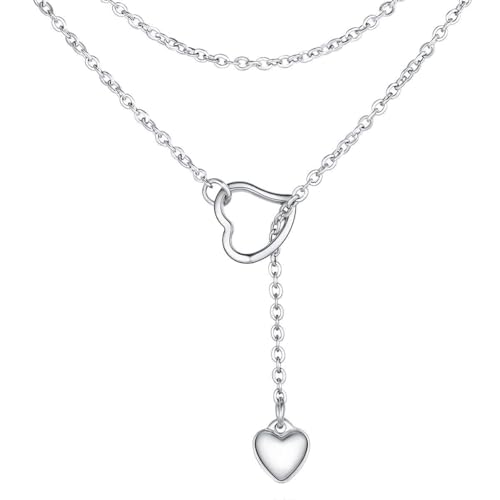 FOCALOOK Long Silver Necklaces for Women, Y Shaped Pendant Necklace, Stainless Steel Drop Heart Chain, Hypoallergenic Minimalist Jewellery Gift for Her
