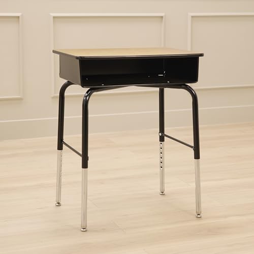 Image of Back2School Express Adjustable Student Desk with Metal Book Box, Classroom Furniture, Maple /Black