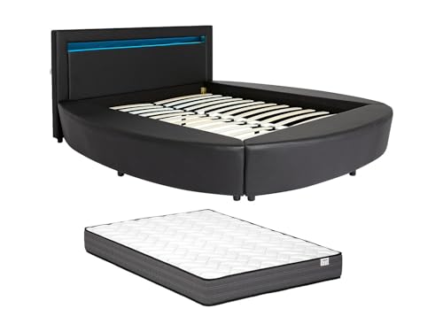 Vente-unique - Lit Rond 180 x 200 cm - avec LEDs - Simili - Noir + Matelas - ABULIS III