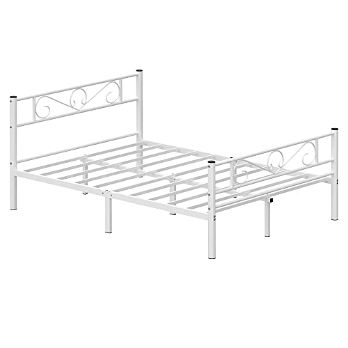 VASAGLE Lit 2 Personnes, Lit Double, Lit 2 Places, en Métal, Convient pour Matelas de 190 x 140 cm, Montage Facile, pour Petits Espaces, Chambre d’Amis, Chambre Ado, Blanc RMB063W01