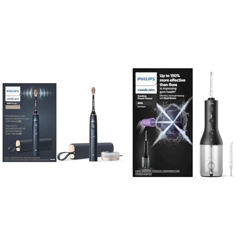 Philips Sonicare 9900 Prestige Rechargeable Electric Power Toothbrush with SenseIQ, Midnight, HX9990/12 & Cordless Power Flosser 3000 - Black