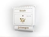 XXL Briefkasten Postkasten Zeitungsrolle Nostalgie Namenschild Wandmontage Flachdach (Weiß)