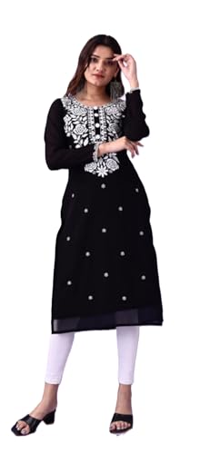 Estationeryhouse Women's Georgette Lucknowi chikankari kurti, Rose Design with Heavy Embroidery, Without Bottoms (UK, Alpha, XL, Regular, Regular, Black)