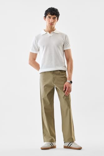 Image of SNITCH Men Casual Trousers | Relaxed Fit with Turned-Up Cuffs & Solid Pattern | Cotton Blend Fabric with Medium Stretch for Summer & Everyday Wear