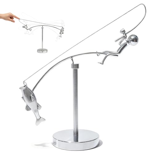 Kinetic Fisherman Sculpture Metal Fishing Balance Art Decor for Home Office
