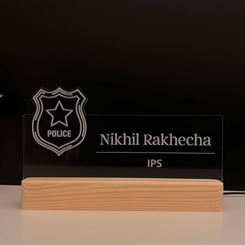 Image of Personalized Acrylic Desk Name Lamp for Police Officers | Custom LED Light with Name, Designation & Badge Logo | Inspector, DSP, SP, DCP, SSP, IPS Officer Gift | Best Police Service Gift (10 x 6 inch) (For Police Officer)