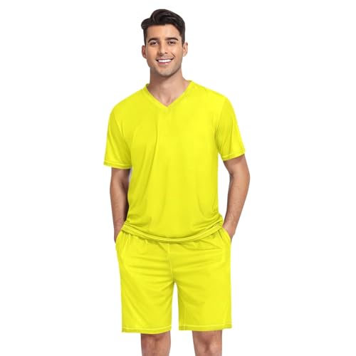 Mens Pajama Short Sleeve 2 Piece Sleepwear with Pockets Lounge V-Neck Pjs Sleepwear With Pockets, S-XXL
