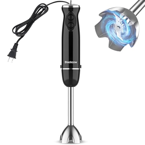 Blackcow - Batidora de inmersión eléctrica de 500 W con 12 velocidades y turbo, mezclador de mano con cable de acero inoxidable para cocina, 3D de 4 cuchillas (negro)