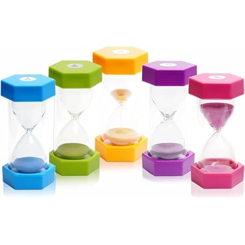 UrbAmerican 5 PCS Hourglass Kids Hourglass Timer Hourglass Set Colorful Sand Clock Kitchen Timer Time Management Includes 1 Minute, 3, 5, 10, and 30 Minutes, Different Cover