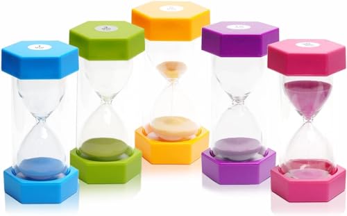 UrbAmerican 5 PCS Hourglass Kids Hourglass Timer Hourglass Set Colorful Sand Clock Kitchen Timer Time Management Includes 1 Minute, 3, 5, 10, and 30 Minutes, Different