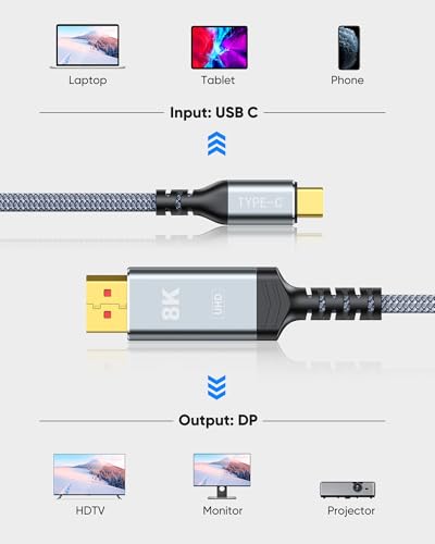 Image of Capshi USB C To Displayport Cable 6FT, Type C To DP 1.4 Cable 32.4Gbps 8K@60Hz 4K@144Hz /2K@240Hz Braided Thunderbolt 3 /4 To DP Cord Compatible With iPad,Macbook Pro /Air,Surface,Imac,Galaxy,XPS,Black