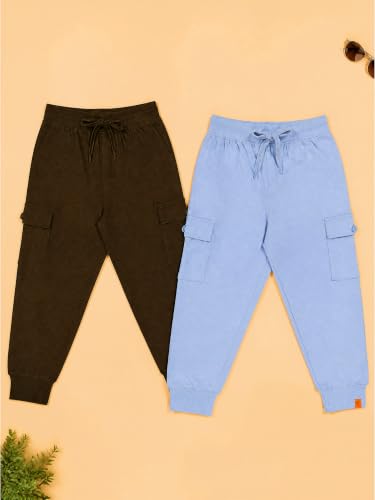 Image of KiddoPanti Boys Cotton Joggers | 100% Cotton Single Jersey | 2 Side Cargo Pockets with Flap | Elasticated Waist Band with Functional Drawcord | Soft & Breathable Track Pants