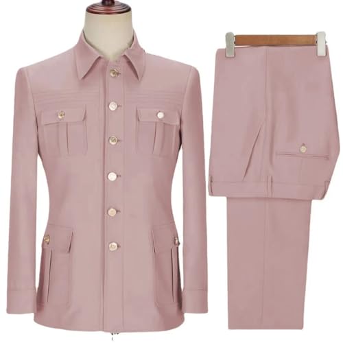 Pink Men Suit 2 Pcs Gold Button Square Collar Formal Business Official Work Wear Jacket with Pants2