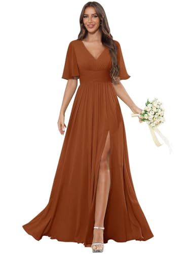Xijun Women's Chiffon Flutter Sleeve Bridesmaid Dresses Long V Neck Formal Dress Evening Party Gown with Slit