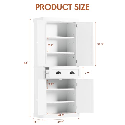 JUMMICO 72\" Kitchen Pantry Storage Cabinet, Freestanding Pantry Cupboard with 4 Doors and 4 Adjustable Shelves for Kitchen, Dining Room, Living Room, White - Thumbnail 2