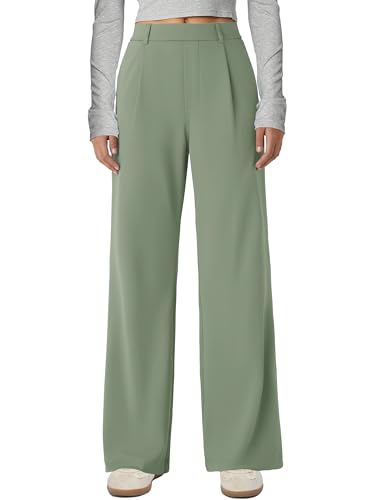 Gracyoga Womens Work Pants Wide Leg Stretchy Dress Pants Pull On Casual High Waisted Trousers Business Slacks with Pockets Sage Green S