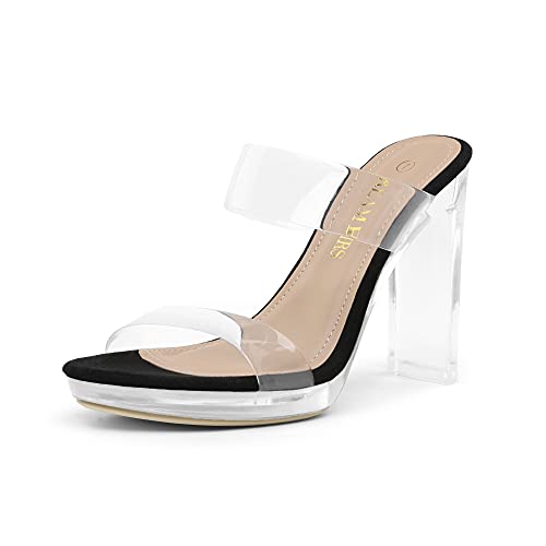 DREAM PAIRS Women's Clear Two Strap Open Toe High Heels Block Chunky Slip on Platform Comfortable Dress Heeled Sandals 7 Black/Clear