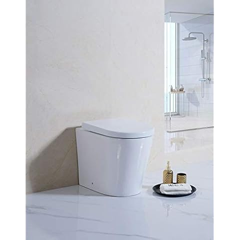 Back to Wall Toilet WC White Ceramic Soft Closing Seat Modern Round Toilet Pan + Concealed Cistern Cover