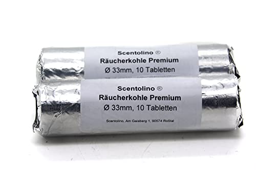 Räucherkohle 33 mm – Schnellzünder mit ca. 45 Min. Brenndauer – 2 Rollen à 10 Tabletten – Hochwertige Markenqualität von Scentolino für Weihrauch & Räucherwerk