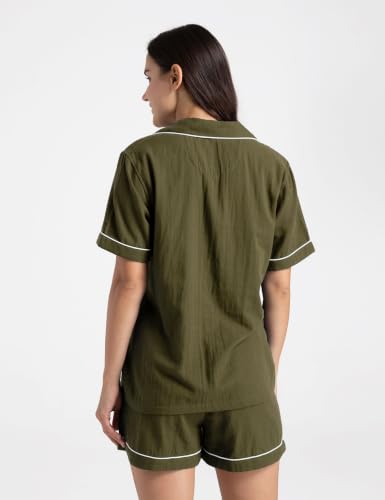 Image of Womens Muslin Pajama Sets 100% Cotton Double Gauze Linen Like Short Pjs | Breathable Soft Comfort Button Up Loungewear Sleepwear PJ Set