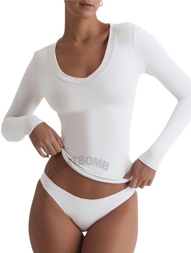 Image of SIGHTBOMB SKIMS V Neck Thick Rim Microfiber Ultra Soft Long Sleeve SOFTLINE Cuddle TEE for Women