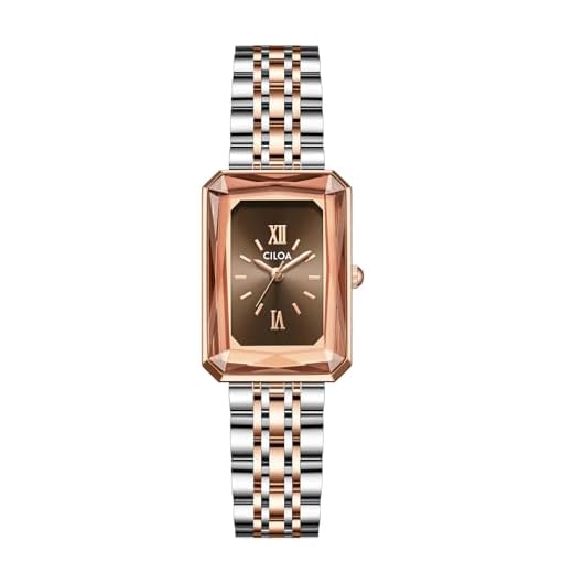 Gold Watches for Women with Vintage Rectangular Case, Brown Roman Dial, Two-Tone Stainless Steel Watch Band, Water Resistant, Adjustment Tool Included