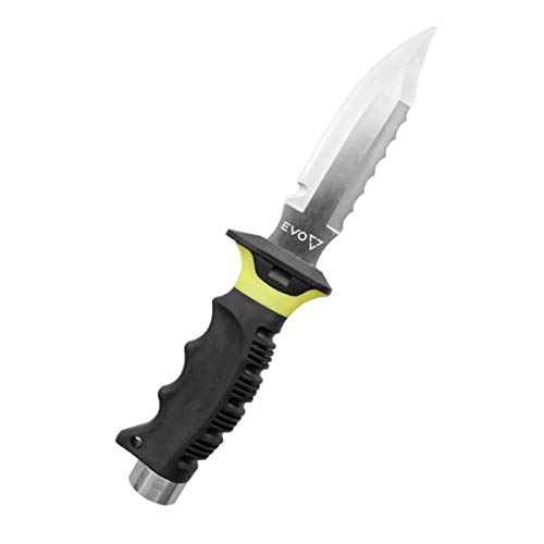 EVO Stainless Steel Dive Knife with Pointed Tip - 5” blade - Serrated Top Edge and Built-in Line Cutter - Disassembles for easy Cleaning - Sheath and two depth compensating Leg Straps Included
