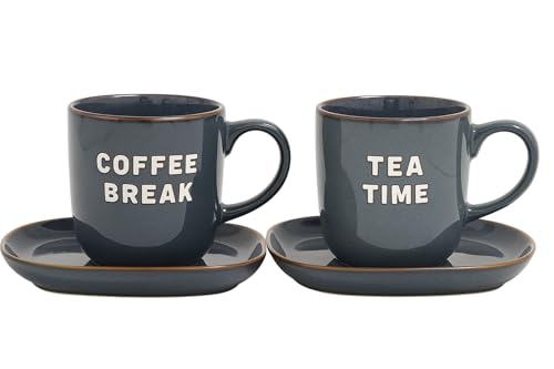 HTUK Ensemble de 2 tasses et assiettes à goûter en porcelaine anglaise bleu/gris | Grande tasse à café et thé