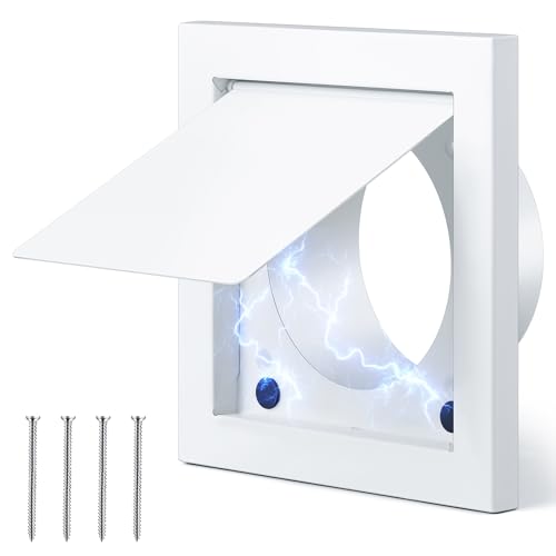 ElaraBerry 4 Outside Dryer Vent Cover Magnetic Dryer Vent Cap Exhaust Outdoor Wall Galvanized Steel Bathroom Magnet Fan Exhaust Wall Cover Home Hood External Cap with 4 Screw Tilt Damper(White)