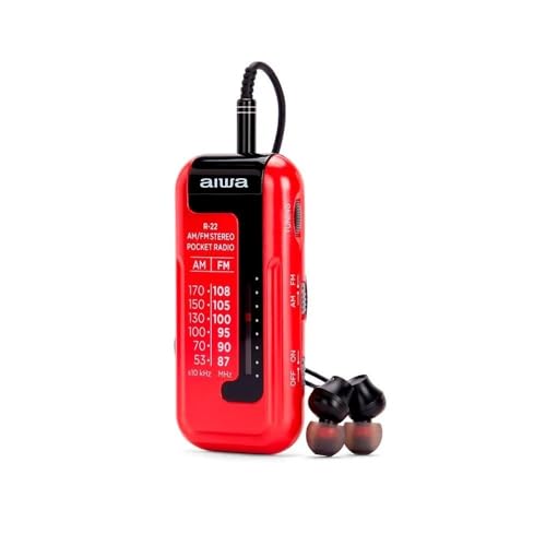AIWA R-22RD – Radio de Bolsillo Am/FM Stereo con ETS Easy-Tuning, Clip de Sujeción y Auriculares. Color: Rojo