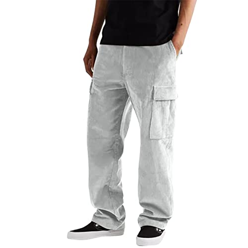 Men's Corduroy Cargo Pants Wide Leg Baggy Loose Fit Elastic Waist Sweatpants Casual Hip Hop Pants Drawstring Trousers