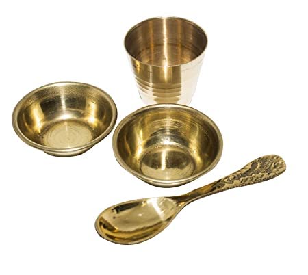 Image of KYNA 5 in 1 Pack Traditionally Designed Pooja Bhog Thali Set for Home and Temple Use (1 Thali, 1 Spoon, 1 Glass and 2 Katori)