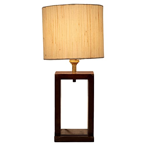 Image of tu casa Wooden Table Lamp with Off-White Cotton Fabric Shade | Bedside Night Lamp for Bedroom & Living Room | Decorative Wooden Nightstand & Study Table Lamp for Home Decor & Gifting