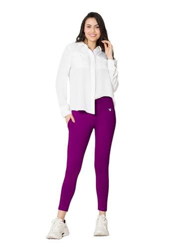 Image of VSTAR PL02 Women Ankle Length Stretchable Slim Fit Leggings with Secured Side Pocket | Moisture-Wicking | Soft Waistband & Cotton-Elastane Fabric | S | Plum