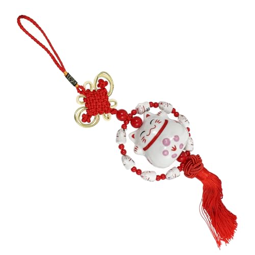 Ipetboom Pendentif Suspendu de Voiture Chat Rouge en Céramique, Ornement Décoratif Intérieur Automobile, Accessoire Déco Voiture Chat Japonerie pour Miroir...