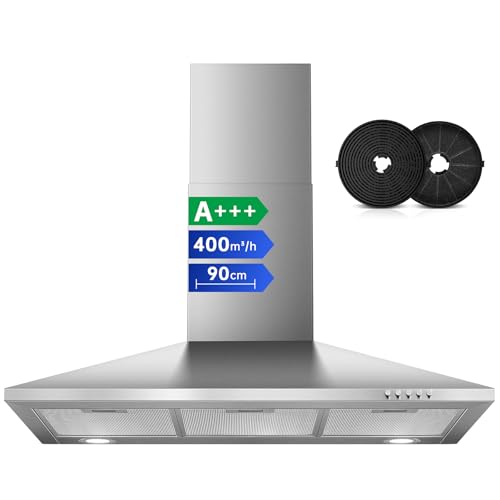 SNDOAS 90cm Hotte Aspirante, A+++ Hotte Cuisine avec 400m³/h, 2 Filtres à Charbon Inclus, pour Évacuation ou Recyclage, 3 Vitesses Hotte Silencieuse en Inox,...
