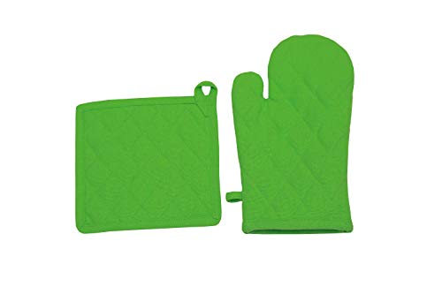 Oven Mitt & Pot Holder Set, Pack of 2, Premium Heat Resistant Kitchen Wares, Cotton Fabric Quilted, Lime Green, Plain, Machine Washable and Heat Resistant Pocket Mitts for Kitchen Cooking and Baking