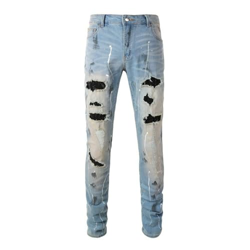 Jeans Pants Trousers Denim Ripped Distressed Hole Stretch Slim Fit Light Blue Zircon Sequin Street Trendy Graffiti Small Straight Leg for Men(Light Blue,31)3