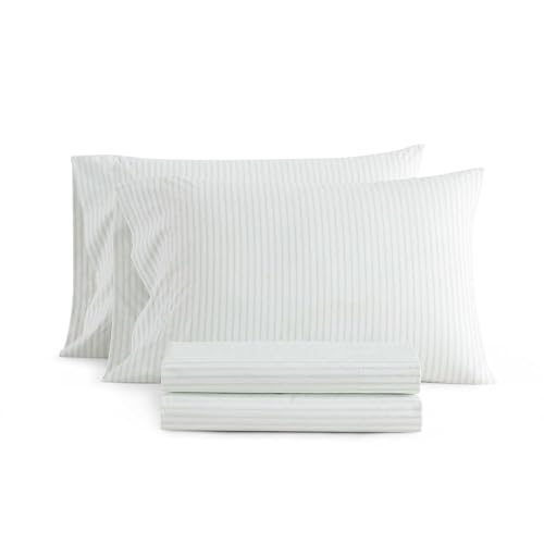 Image of Martha Stewart - Twin Size Sheets Set, Crisp & Tailored Cooling Sheets with a Smooth Cotton Percale Lightweight Feel - Bed Sheets with Matching Pillowcase & Fitted Sheet (Ticking Stripe Green)