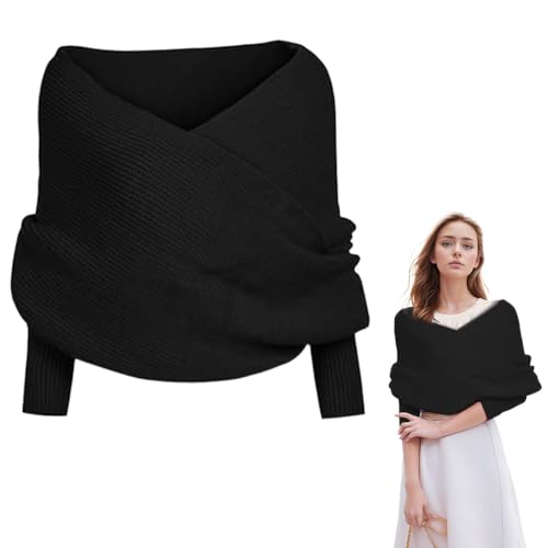Knitted Sweater Scarf with Sleeves for Women, Cozy Autumn Winter Scarf (Black)