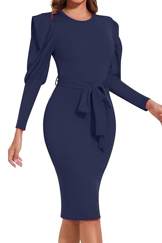 Image of Funeral Church Dresses for Women Formal Long Sleeve Wrap Business Work Dress Vintage Ruched Midi Pencil Dress