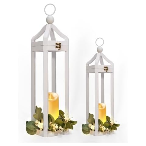 HPC DECOR Large Rustic Farmhouse White Lantern Set of 2-Tall Wood Lanterns for Christmas-Modern Candle Lanterns Decorative w/Timer Flickering and Garland for Home,Indoor,Outdoor,Fireplace Mantle Decor Cover