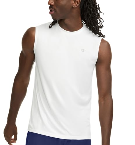 Champion Men's Athletic Muscle T-Shirt, Standard Fit, Moisture Wicking, Anti Odor, Available in Regular and Big & Tall, White, Large