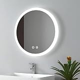 EMKE Spiegel Rund 50cm Durchmesser Badspiegel Rund mit Touchschalter LED Badezimmerspiegel mit Beleuchtung runder Spiegel mit 3 Lichtfarbe und Beschlagfrei IP44