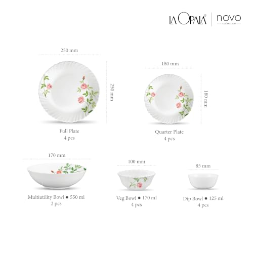 Image of La Opala Opal Glass Crockery | for Family of 4 | Dinner Set 18 pcs Rose Garden | Plates & Bowls for Dining | Microwave Safe | 100% Vegetarian | Extra Strong | Extra Light & White
