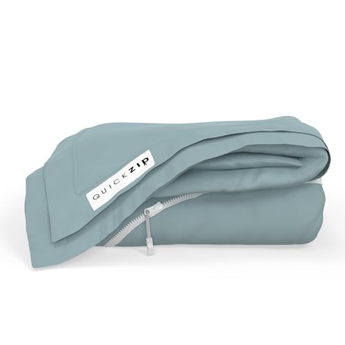 Image of QuickZip Fitted Plus Spare Bundle: 1 Fitted Sheet (Base + Zip Sheet) & 1 Zip Sheet - Easy to Change, Won't Pop Off - Soft Sateen 400 TC 100% Cotton - 13.5 inch Deep Pockets RV Queen Size - Dusty Blue