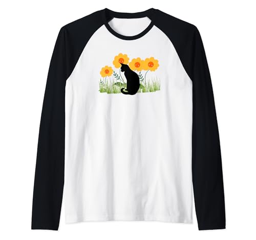 Gato negro con flores sonrientes Camiseta Manga Raglan