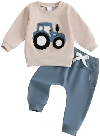Adobabirl Toddler Baby Boy Fall Outfits Tractor Embroidery Long Sleeve Sweatshirt and Pants Set Farm Winter Clothes