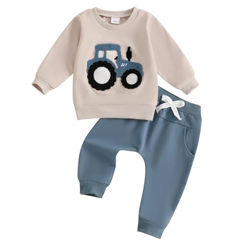 Adobabirl Toddler Baby Boy Fall Outfits Tractor Embroidery Long Sleeve Sweatshirt and Pants Set Farm Winter Clothes - Main Image