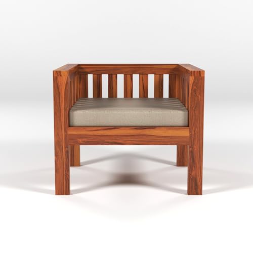 Image of Sheesham Wood 6 Seater Low Height Sofa Set with Coffee Table for Living Room Wooden Sofa Set for Living Room Furniture | Beige Cushion (3+2+1, Honey Finish)